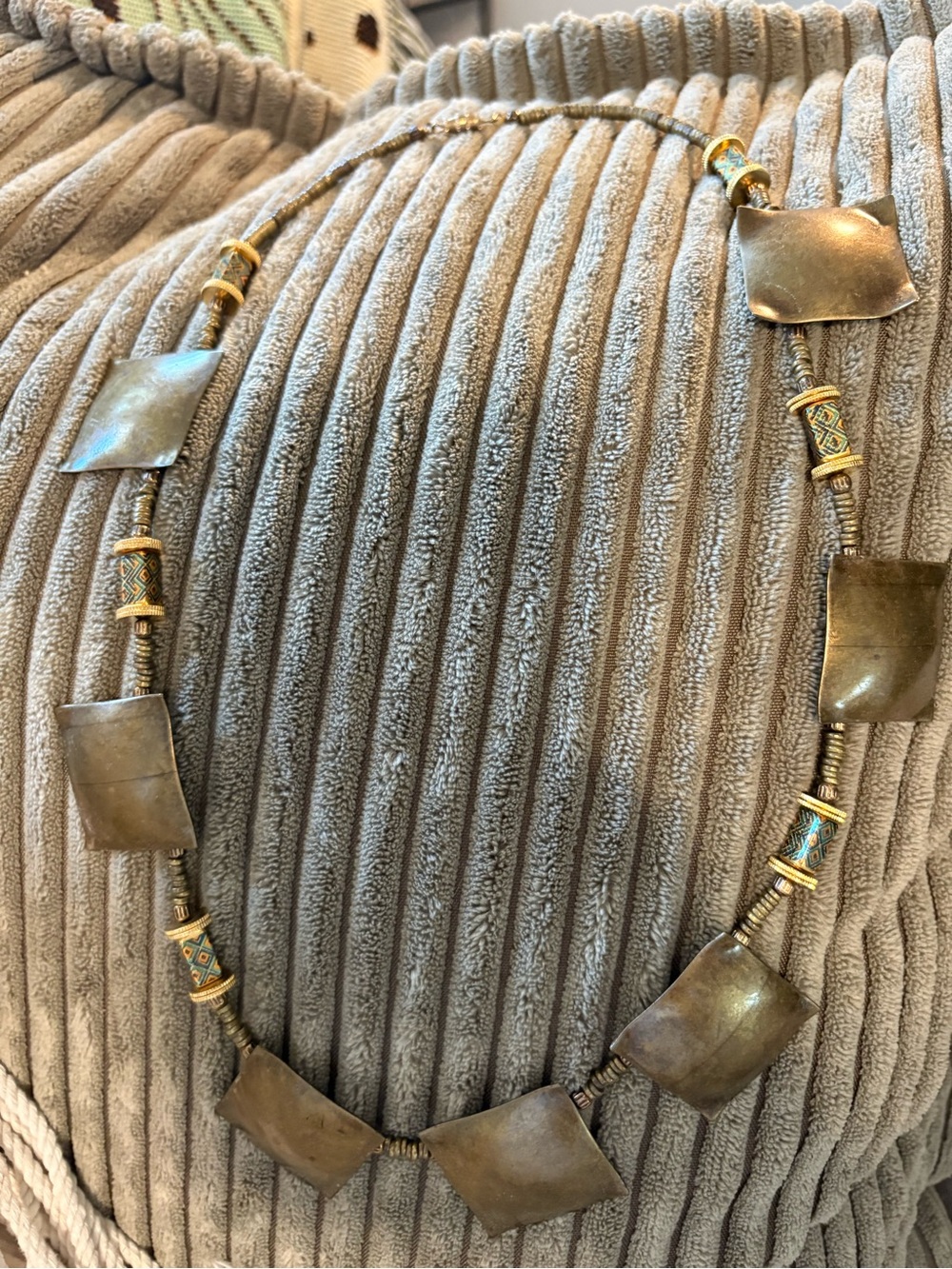 Vintage boho brass and dark metal square-link geometric necklace decorative bead